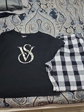 Victoria's Secret Black Tee & Black/White Plaid Pants Size XL